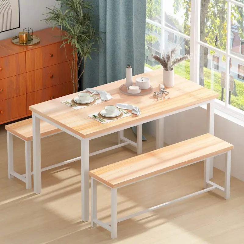 Mieres – Ensemble table et 2 bancs pour salle à manger, style industriel vintage, 3 pièces, pour cuisine, salle à manger, bar, peu encombrant