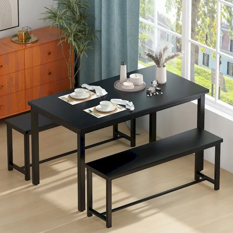 Mieres – Ensemble table et 2 bancs pour salle à manger, style industriel vintage, 3 pièces, pour cuisine, salle à manger, bar, peu encombrant