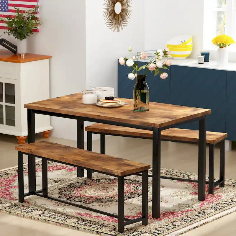 Mieres – Ensemble table et 2 bancs pour salle à manger, style industriel vintage, 3 pièces, pour cuisine, salle à manger, bar, peu encombrant