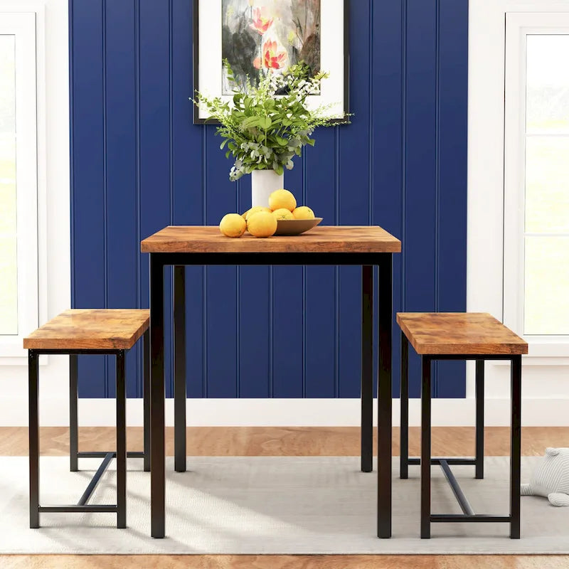 Mieres – Ensemble table et 2 bancs pour salle à manger, style industriel vintage, 3 pièces, pour cuisine, salle à manger, bar, peu encombrant