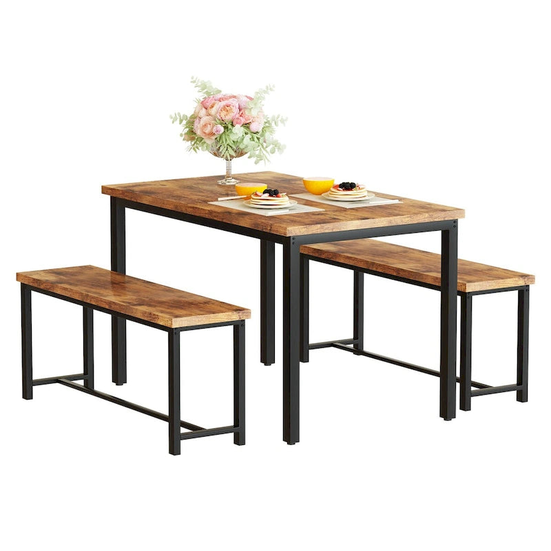 Mieres – Ensemble table et 2 bancs pour salle à manger, style industriel vintage, 3 pièces, pour cuisine, salle à manger, bar, peu encombrant