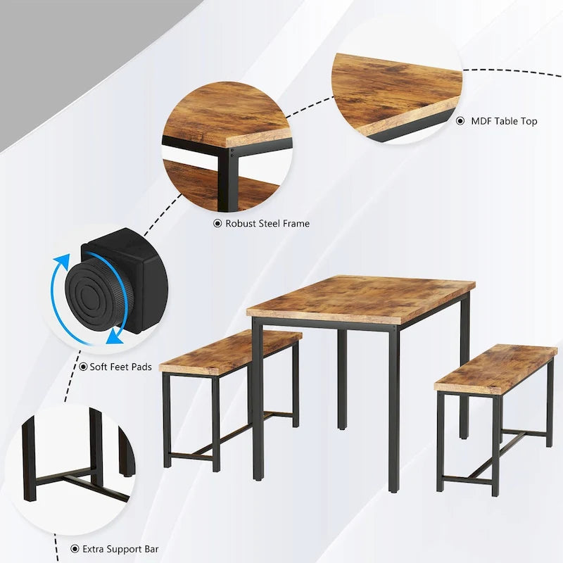 Mieres – Ensemble table et 2 bancs pour salle à manger, style industriel vintage, 3 pièces, pour cuisine, salle à manger, bar, peu encombrant