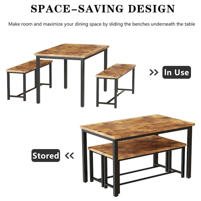 Mieres – Ensemble table et 2 bancs pour salle à manger, style industriel vintage, 3 pièces, pour cuisine, salle à manger, bar, peu encombrant