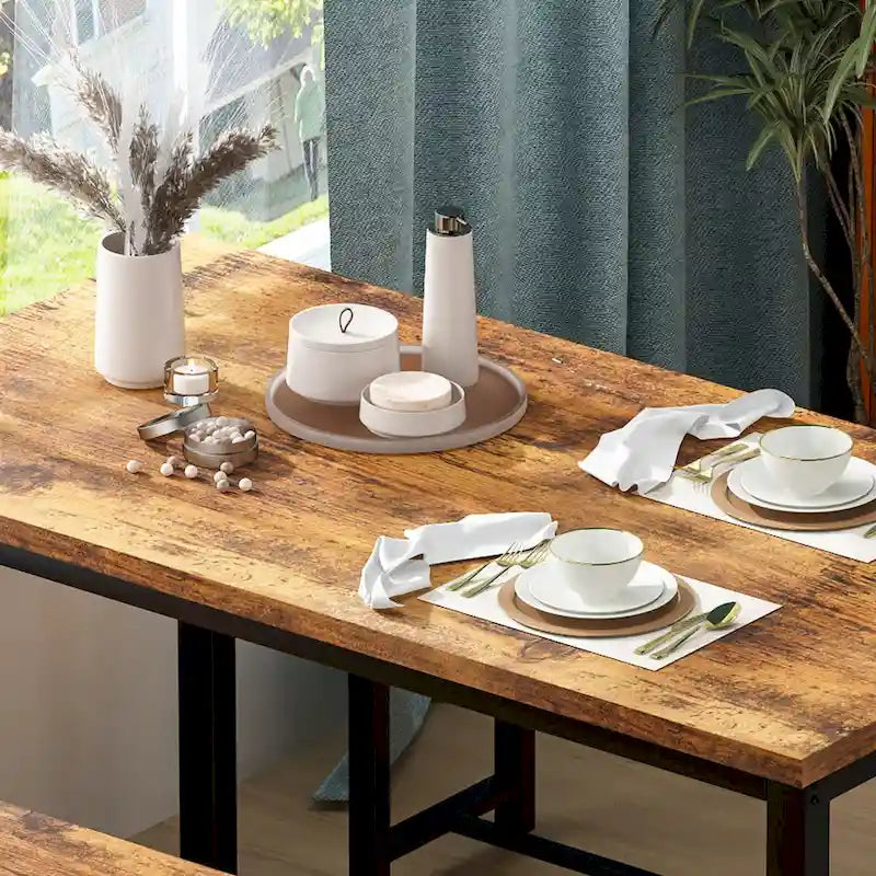 Mieres – Ensemble table et 2 bancs pour salle à manger, style industriel vintage, 3 pièces, pour cuisine, salle à manger, bar, peu encombrant