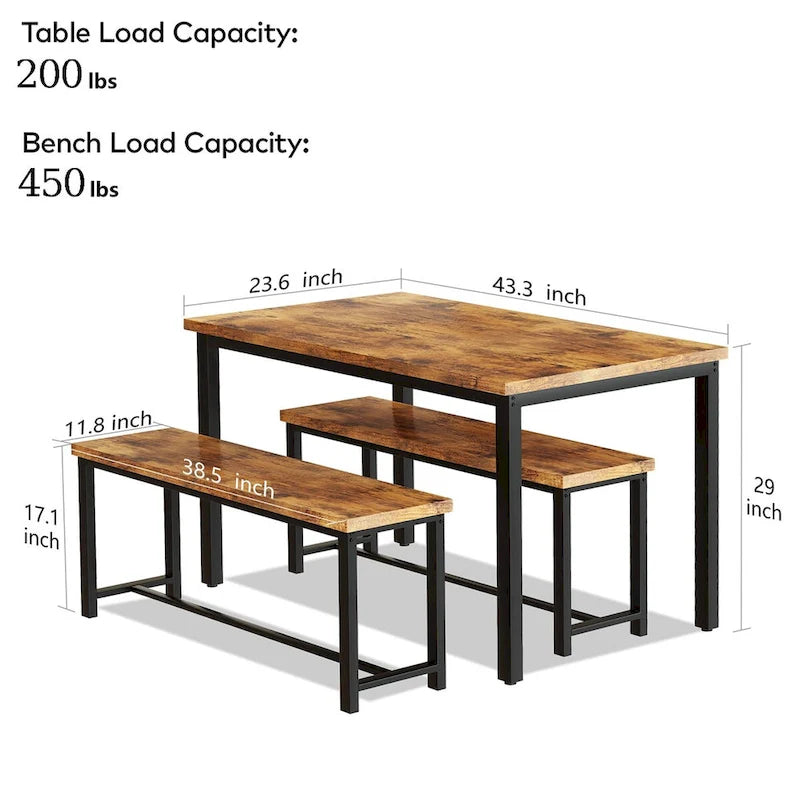 Mieres – Ensemble table et 2 bancs pour salle à manger, style industriel vintage, 3 pièces, pour cuisine, salle à manger, bar, peu encombrant