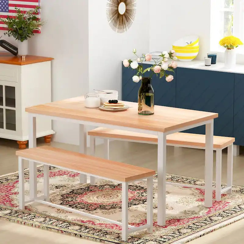 Mieres – Ensemble table et 2 bancs pour salle à manger, style industriel vintage, 3 pièces, pour cuisine, salle à manger, bar, peu encombrant