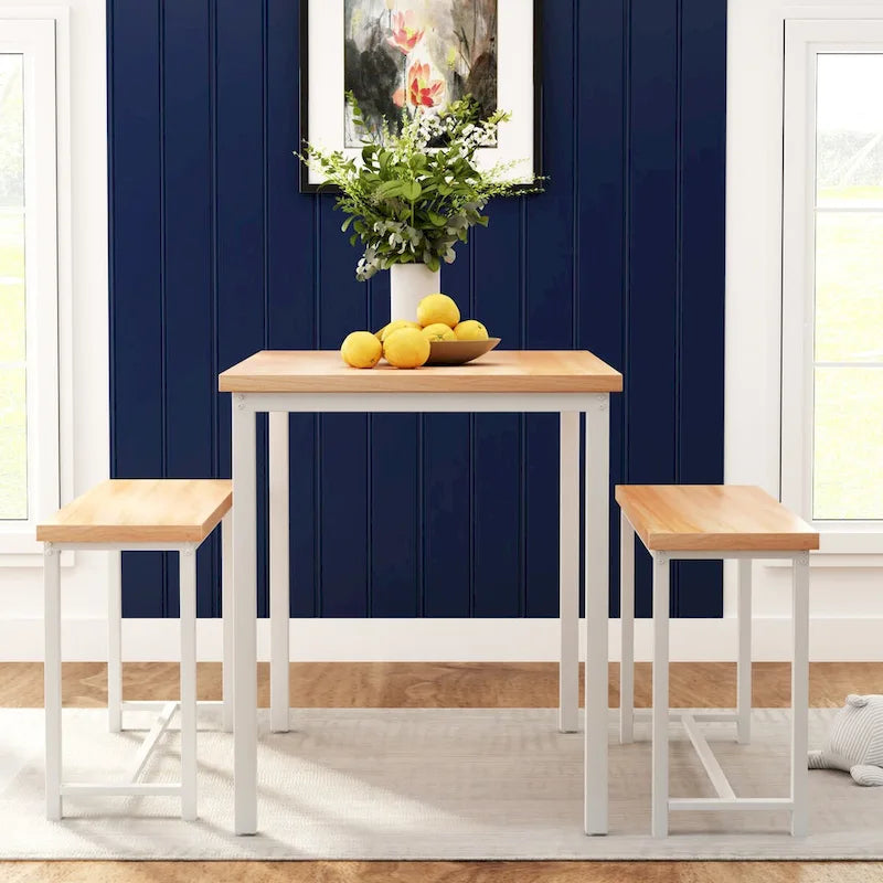 Mieres – Ensemble table et 2 bancs pour salle à manger, style industriel vintage, 3 pièces, pour cuisine, salle à manger, bar, peu encombrant