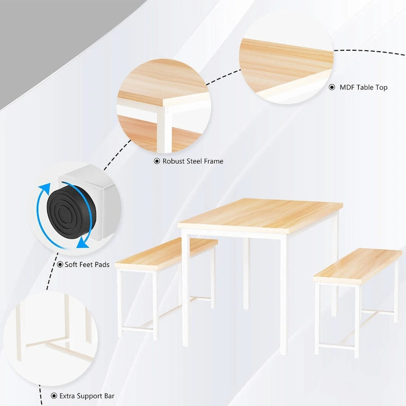 Mieres – Ensemble table et 2 bancs pour salle à manger, style industriel vintage, 3 pièces, pour cuisine, salle à manger, bar, peu encombrant