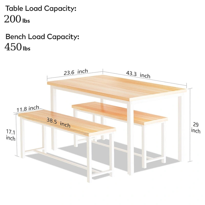 Mieres – Ensemble table et 2 bancs pour salle à manger, style industriel vintage, 3 pièces, pour cuisine, salle à manger, bar, peu encombrant