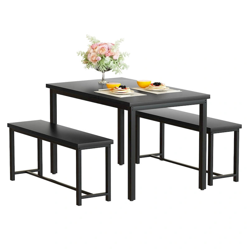 Mieres – Ensemble table et 2 bancs pour salle à manger, style industriel vintage, 3 pièces, pour cuisine, salle à manger, bar, peu encombrant