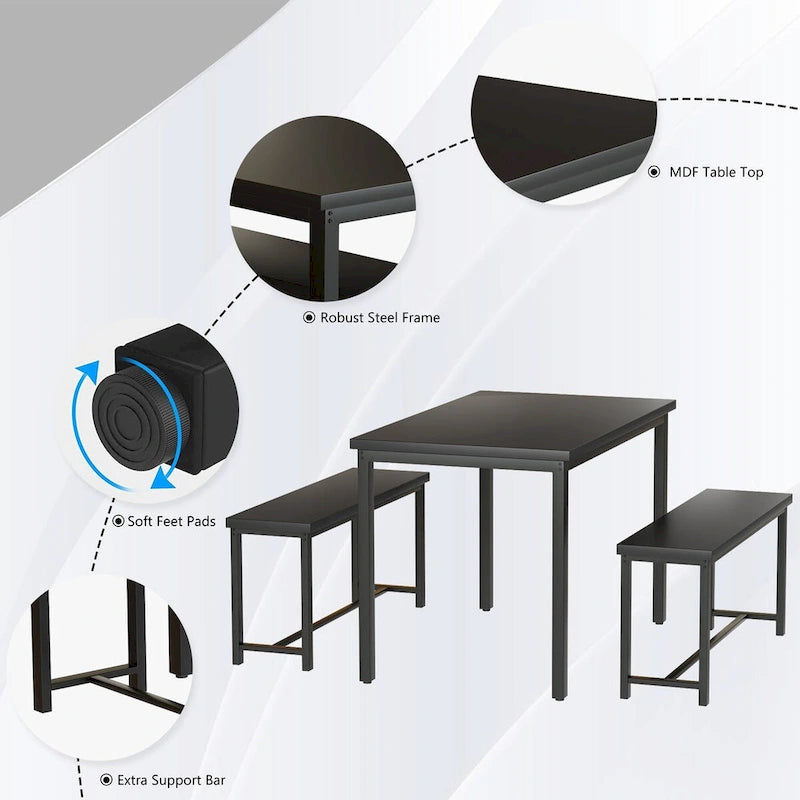 Mieres – Ensemble table et 2 bancs pour salle à manger, style industriel vintage, 3 pièces, pour cuisine, salle à manger, bar, peu encombrant