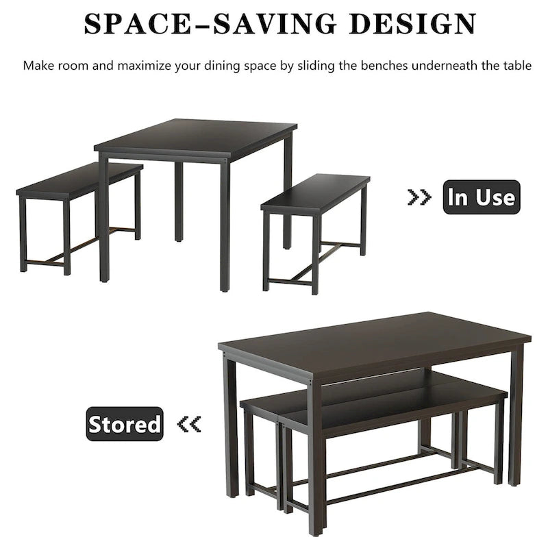 Mieres – Ensemble table et 2 bancs pour salle à manger, style industriel vintage, 3 pièces, pour cuisine, salle à manger, bar, peu encombrant