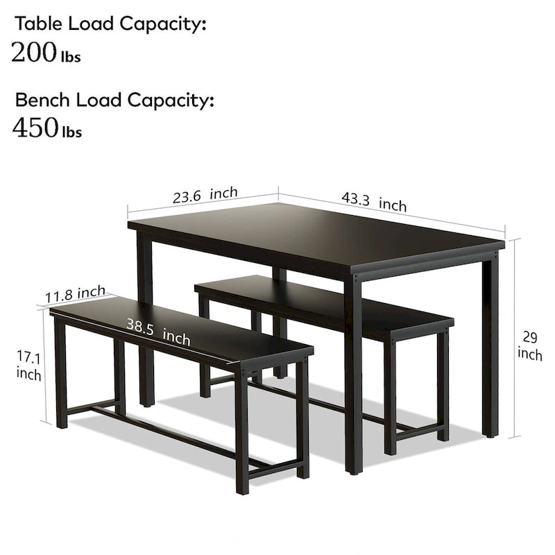 Mieres – Ensemble table et 2 bancs pour salle à manger, style industriel vintage, 3 pièces, pour cuisine, salle à manger, bar, peu encombrant
