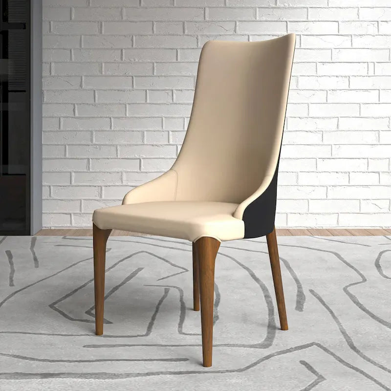 Chaise de salle à manger à dossier haut, revêtue de cuir avec pieds en bois de frêne, collection Elm