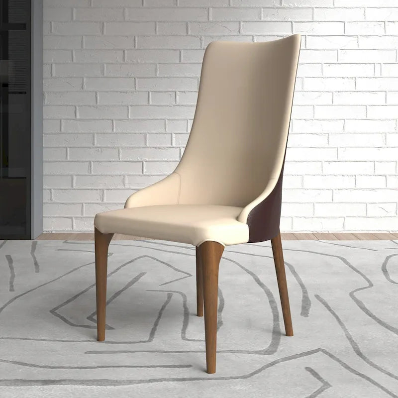 Chaise de salle à manger à dossier haut, revêtue de cuir avec pieds en bois de frêne, collection Elm