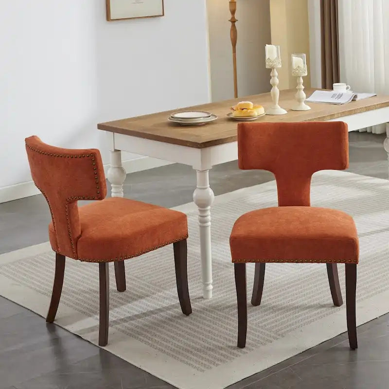 Chaises de salle à manger lot de 2, chaises rembourrées en tissu de lin avec dossier incurvé et clous en cuivre, chaises avec cadre en bois massif