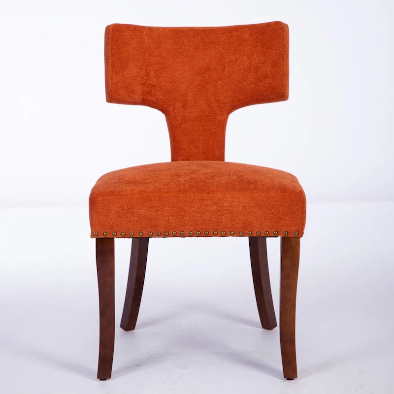 Chaises de salle à manger lot de 2, chaises rembourrées en tissu de lin avec dossier incurvé et clous en cuivre, chaises avec cadre en bois massif