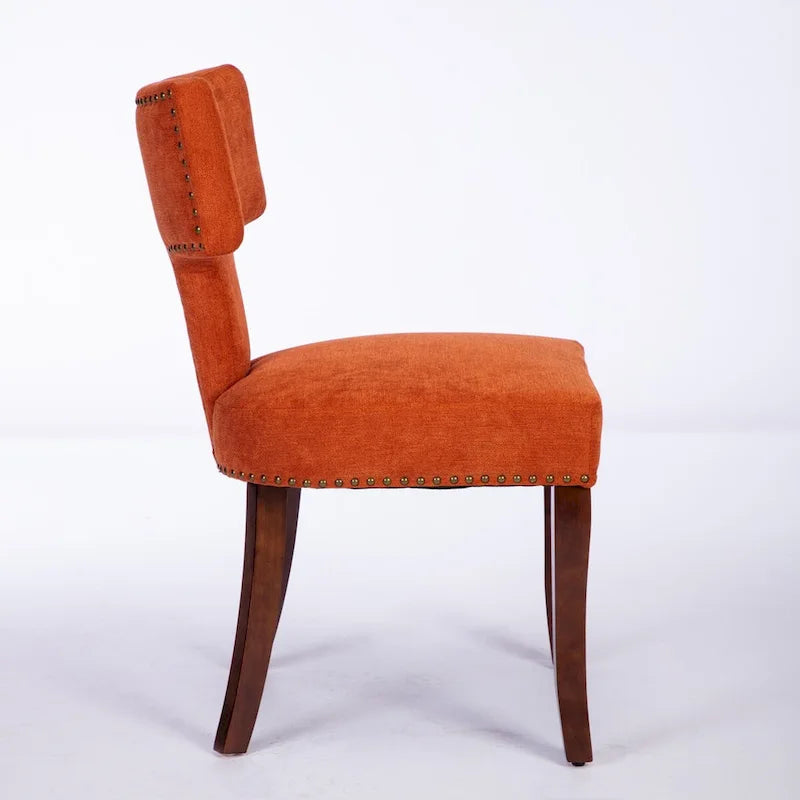 Chaises de salle à manger lot de 2, chaises rembourrées en tissu de lin avec dossier incurvé et clous en cuivre, chaises avec cadre en bois massif
