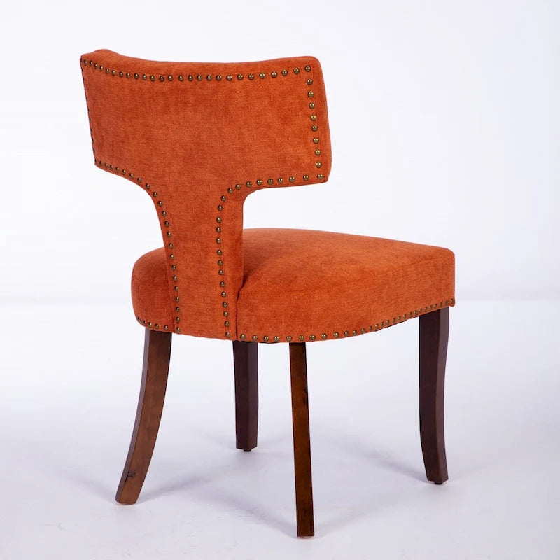 Chaises de salle à manger lot de 2, chaises rembourrées en tissu de lin avec dossier incurvé et clous en cuivre, chaises avec cadre en bois massif