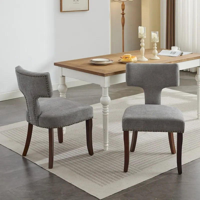 Chaises de salle à manger lot de 2, chaises rembourrées en tissu de lin avec dossier incurvé et clous en cuivre, chaises avec cadre en bois massif