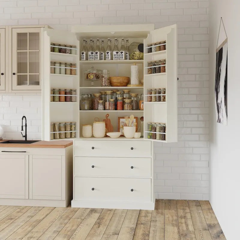 Garde-manger de cuisine de ferme de 77 pouces, armoire de rangement haute autonome avec 3 étagères réglables, 8 étagères de porte, 3 tiroirs