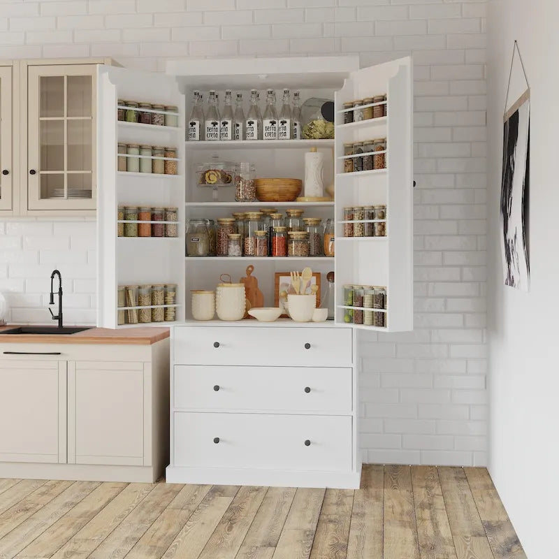 Garde-manger de cuisine de ferme de 77 pouces, armoire de rangement haute autonome avec 3 étagères réglables, 8 étagères de porte, 3 tiroirs