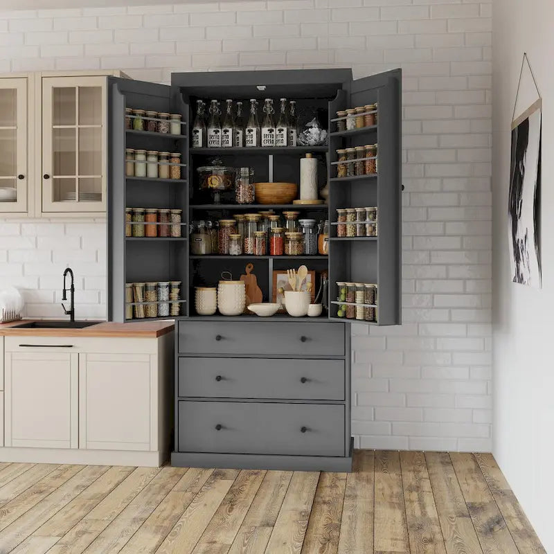 77inch Farmhouse Kitchen Pantry, Freestanding Tall Cupboard Storage Cabinet with 3 Adjustable Shelves, 8 Door Shelves, 3 Drawers