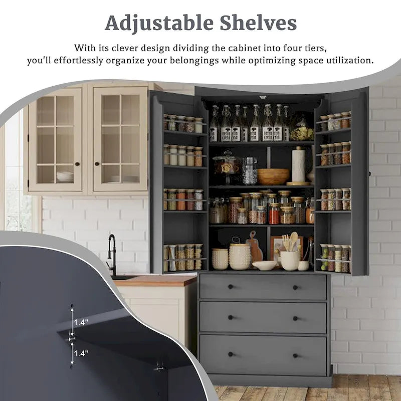 Garde-manger de cuisine de ferme de 77 pouces, armoire de rangement haute autonome avec 3 étagères réglables, 8 étagères de porte, 3 tiroirs