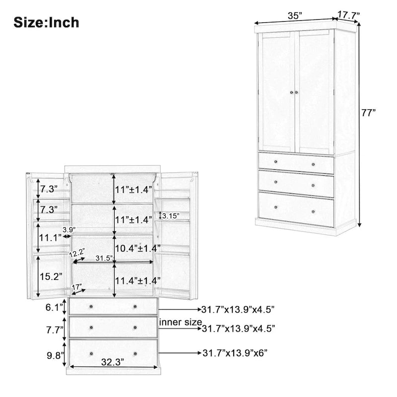 Garde-manger de cuisine de ferme de 77 pouces, armoire de rangement haute autonome avec 3 étagères réglables, 8 étagères de porte, 3 tiroirs