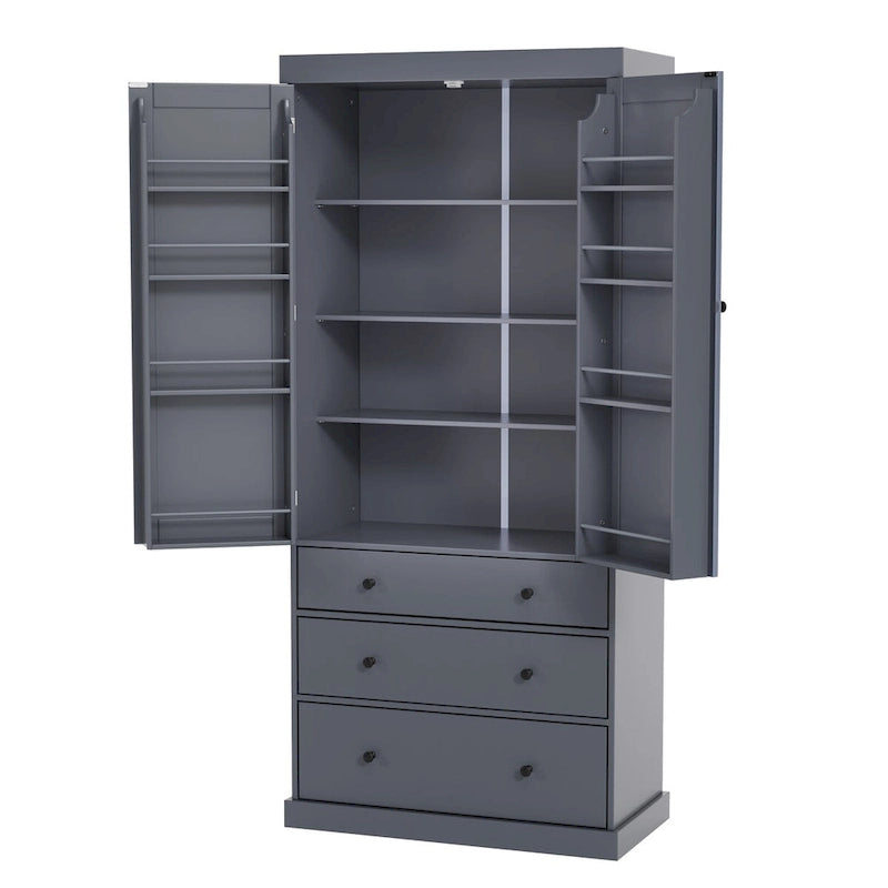 Garde-manger de cuisine de ferme de 77 pouces, armoire de rangement haute autonome avec 3 étagères réglables, 8 étagères de porte, 3 tiroirs