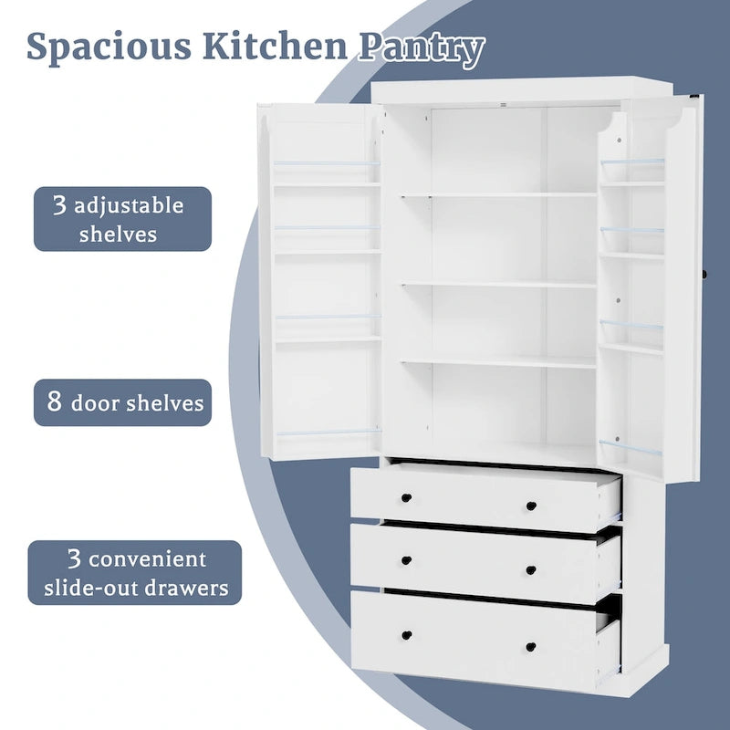 Garde-manger de cuisine de ferme de 77 pouces, armoire de rangement haute autonome avec 3 étagères réglables, 8 étagères de porte, 3 tiroirs