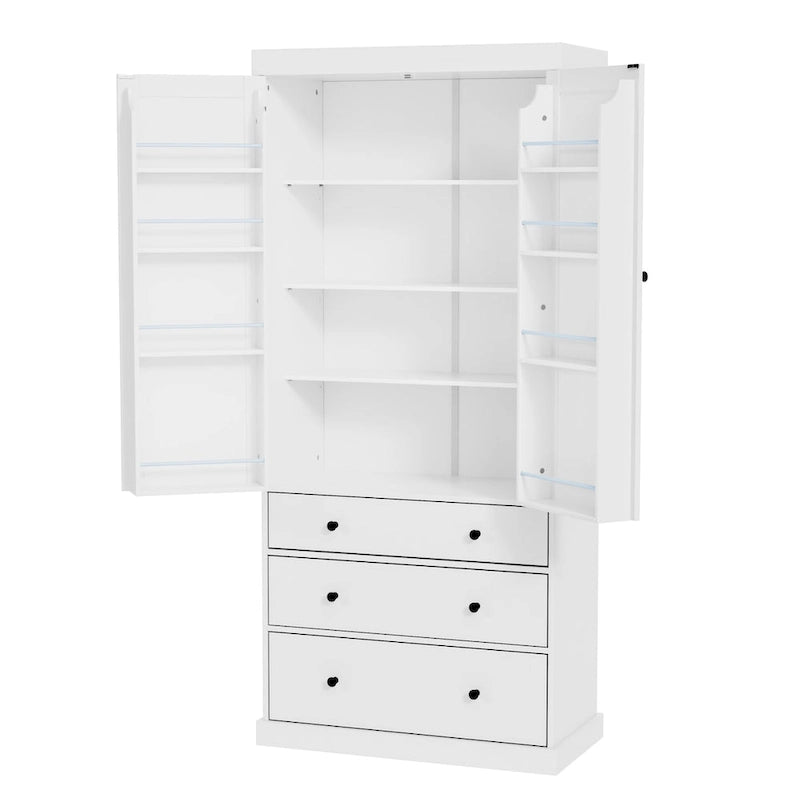 Garde-manger de cuisine de ferme de 77 pouces, armoire de rangement haute autonome avec 3 étagères réglables, 8 étagères de porte, 3 tiroirs