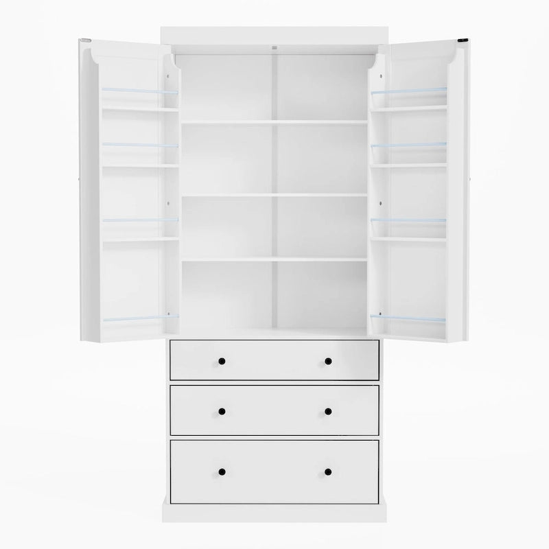 Garde-manger de cuisine de ferme de 77 pouces, armoire de rangement haute autonome avec 3 étagères réglables, 8 étagères de porte, 3 tiroirs