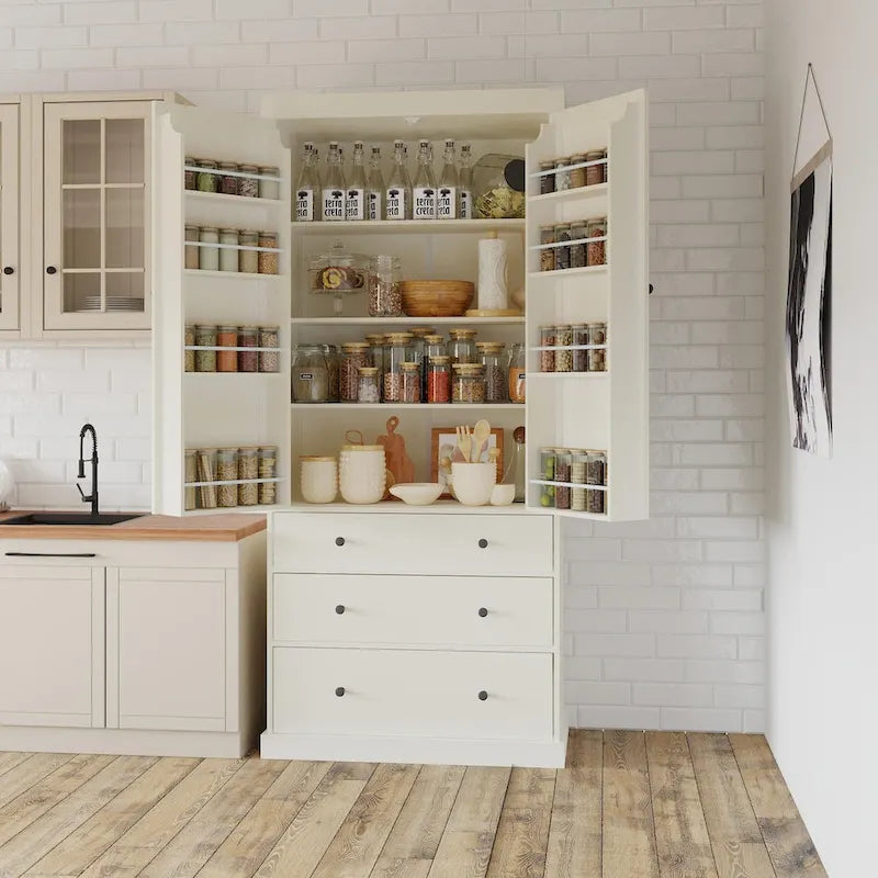 Garde-manger de cuisine de ferme de 77 pouces, armoire de rangement haute autonome avec 3 étagères réglables, 8 étagères de porte, 3 tiroirs