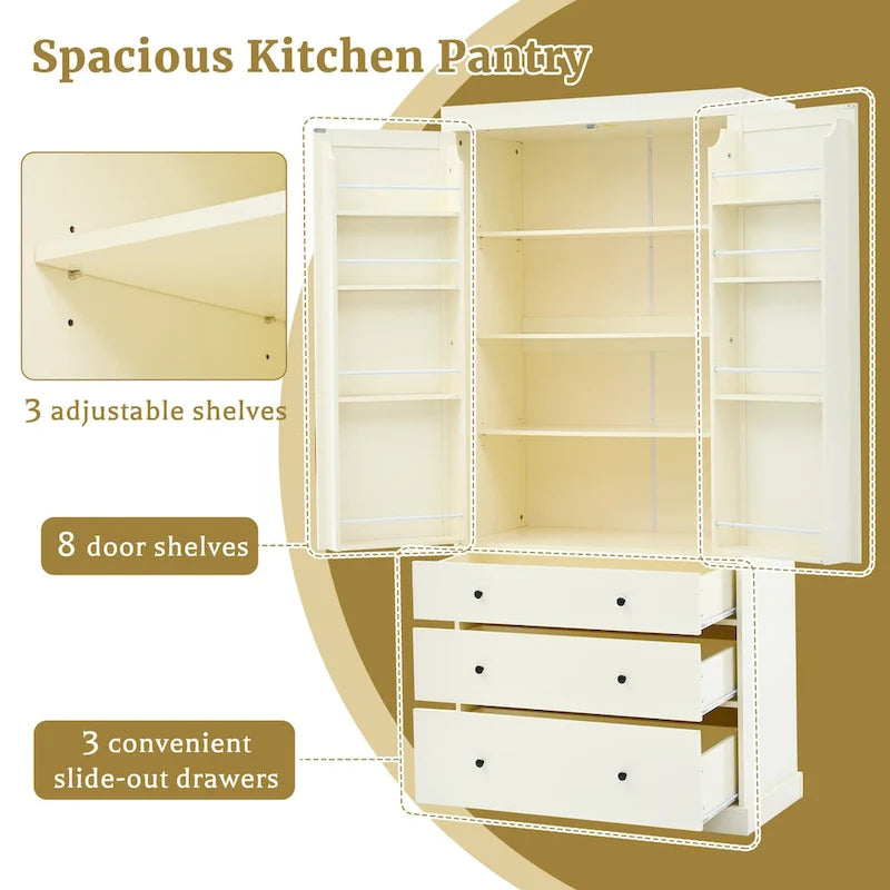 Garde-manger de cuisine de ferme de 77 pouces, armoire de rangement haute autonome avec 3 étagères réglables, 8 étagères de porte, 3 tiroirs