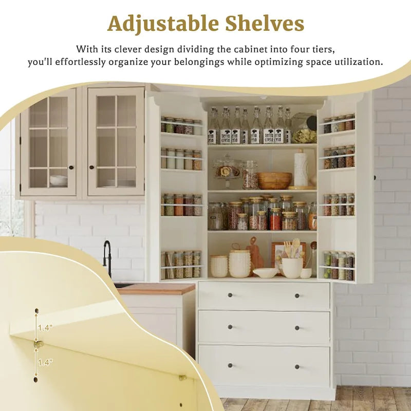 Garde-manger de cuisine de ferme de 77 pouces, armoire de rangement haute autonome avec 3 étagères réglables, 8 étagères de porte, 3 tiroirs