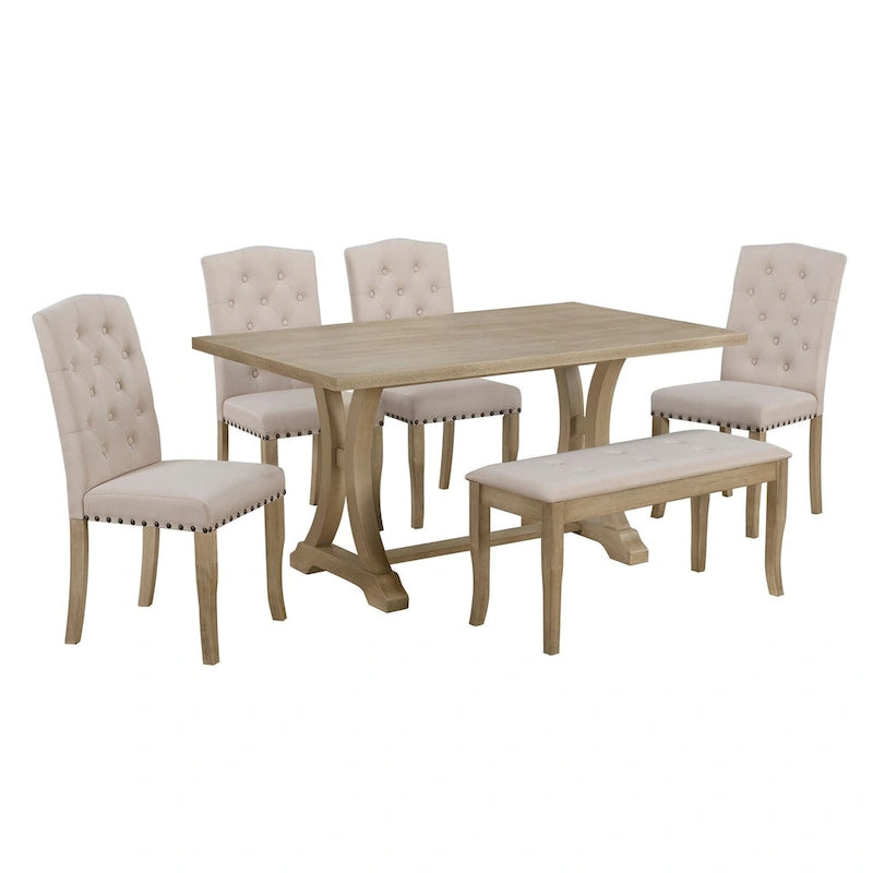 Ensemble de salle à manger de ferme 6 pièces, table à tréteaux rectangulaire et 4 chaises rembourrées et banc