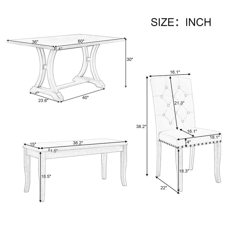 Ensemble de salle à manger de ferme 6 pièces, table à tréteaux rectangulaire et 4 chaises rembourrées et banc