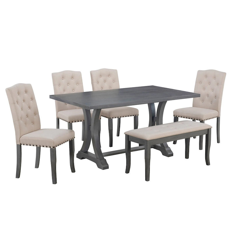 Ensemble de salle à manger de ferme 6 pièces, table à tréteaux rectangulaire et 4 chaises rembourrées et banc