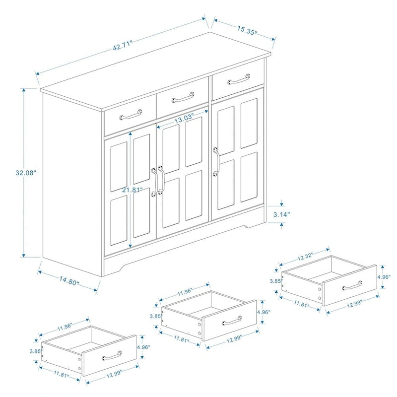 Meuble de Rangement Buffet de Ferme avec 3 Tiroirs et 3 Portes