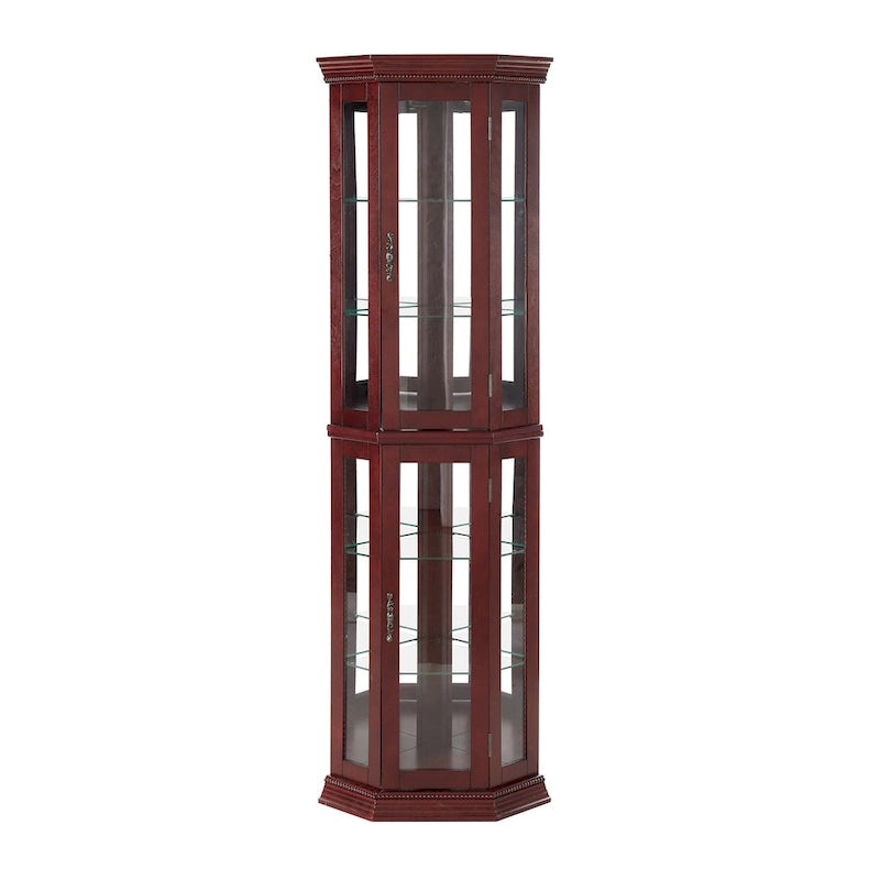 Vitrine d'angle avec éclairage, étagères réglables en verre trempé, fond miroir, meuble vitrine