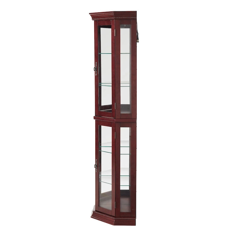 Vitrine d'angle avec éclairage, étagères réglables en verre trempé, fond miroir, meuble vitrine