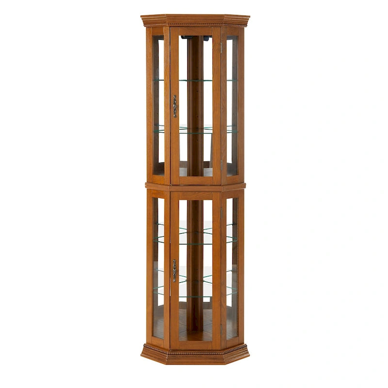 Vitrine d'angle avec éclairage, étagères réglables en verre trempé, fond miroir, meuble vitrine