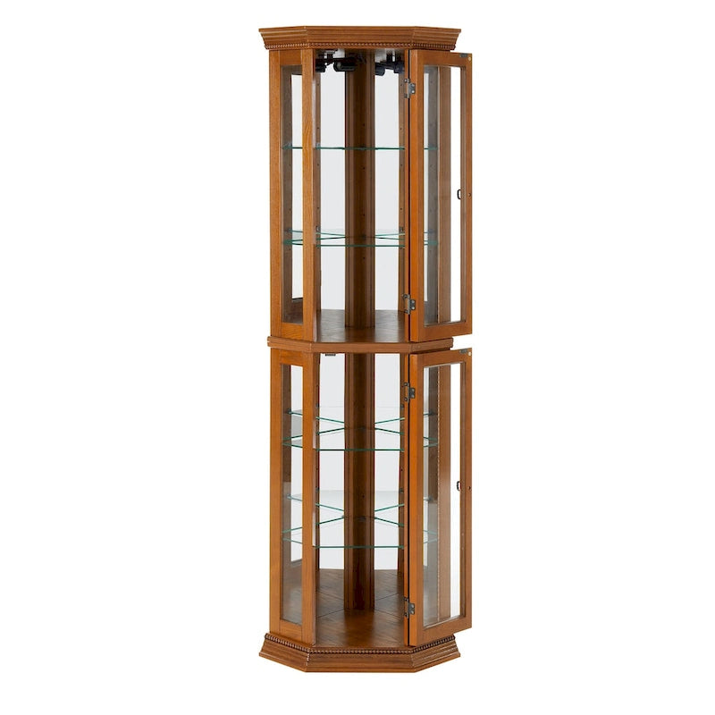 Vitrine d'angle avec éclairage, étagères réglables en verre trempé, fond miroir, meuble vitrine