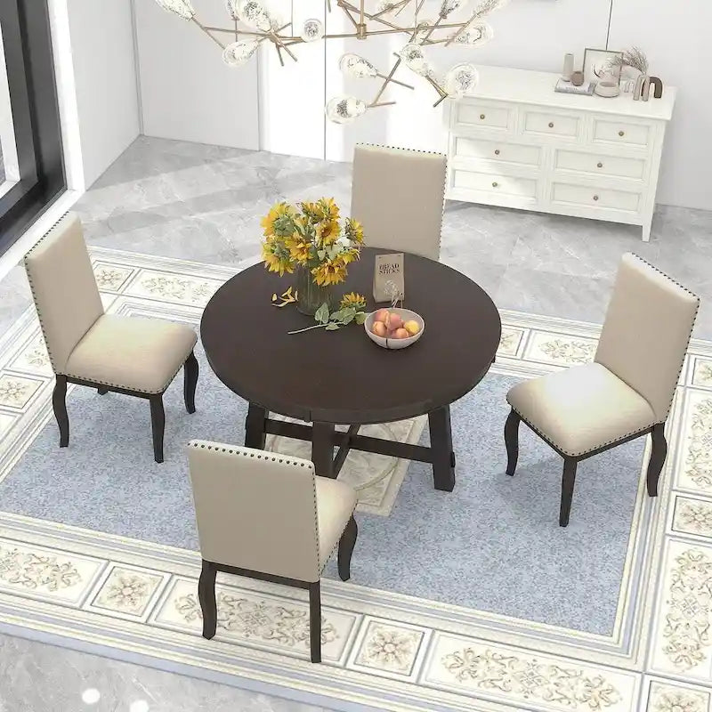 Ensemble de salle à manger 5 pièces style campagnard avec 4 chaises, extensible