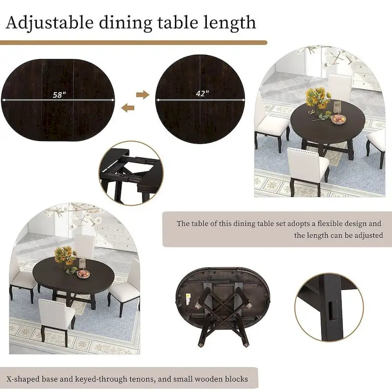Ensemble de salle à manger 5 pièces style campagnard avec 4 chaises, extensible