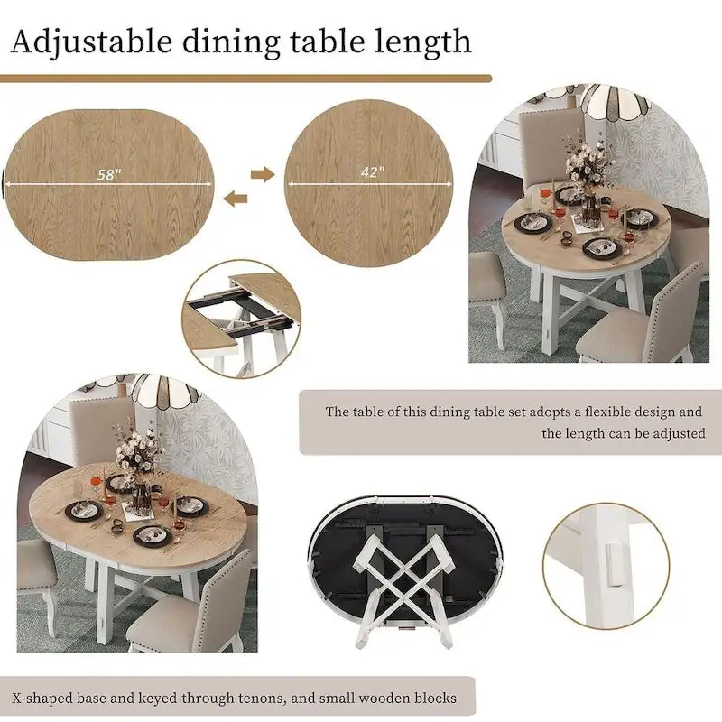 Ensemble de salle à manger 5 pièces style campagnard avec 4 chaises, extensible