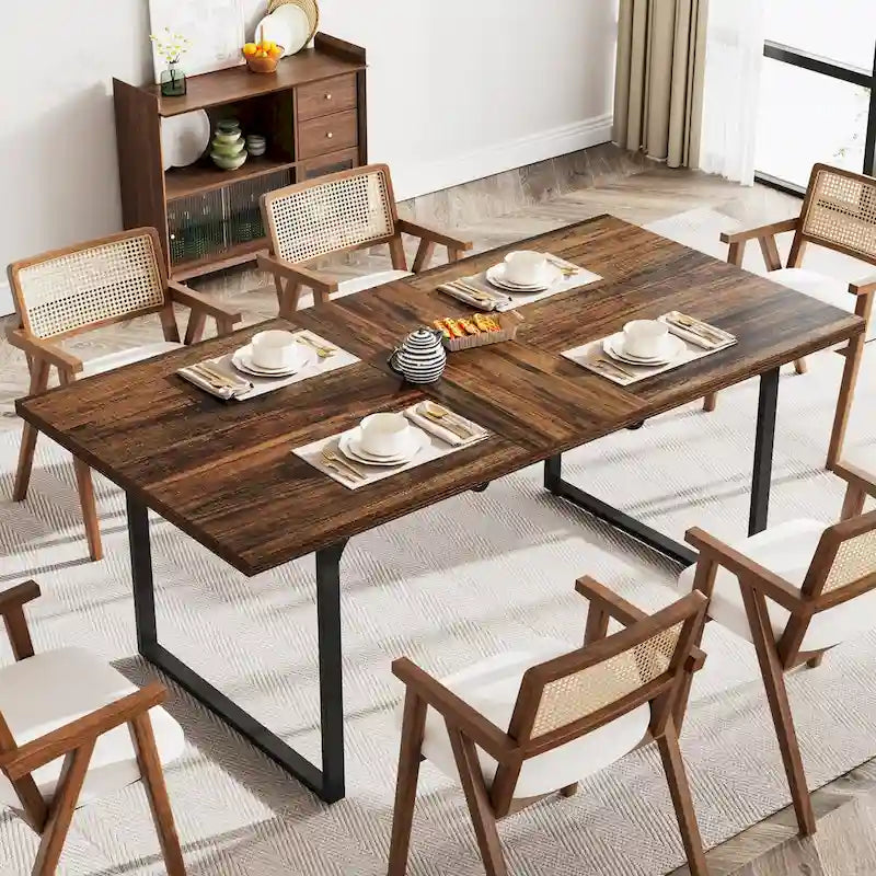 Table à manger extensible pour 6-8 personnes, table de salle à manger rectangulaire en bois avec cadre métallique