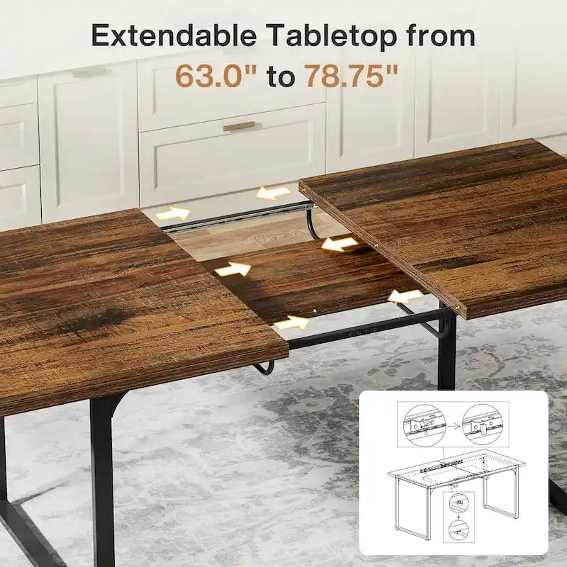 Table à manger extensible pour 6-8 personnes, table de salle à manger rectangulaire en bois avec cadre métallique