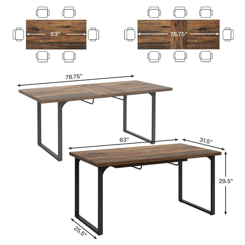 Table à manger extensible pour 6-8 personnes, table de salle à manger rectangulaire en bois avec cadre métallique